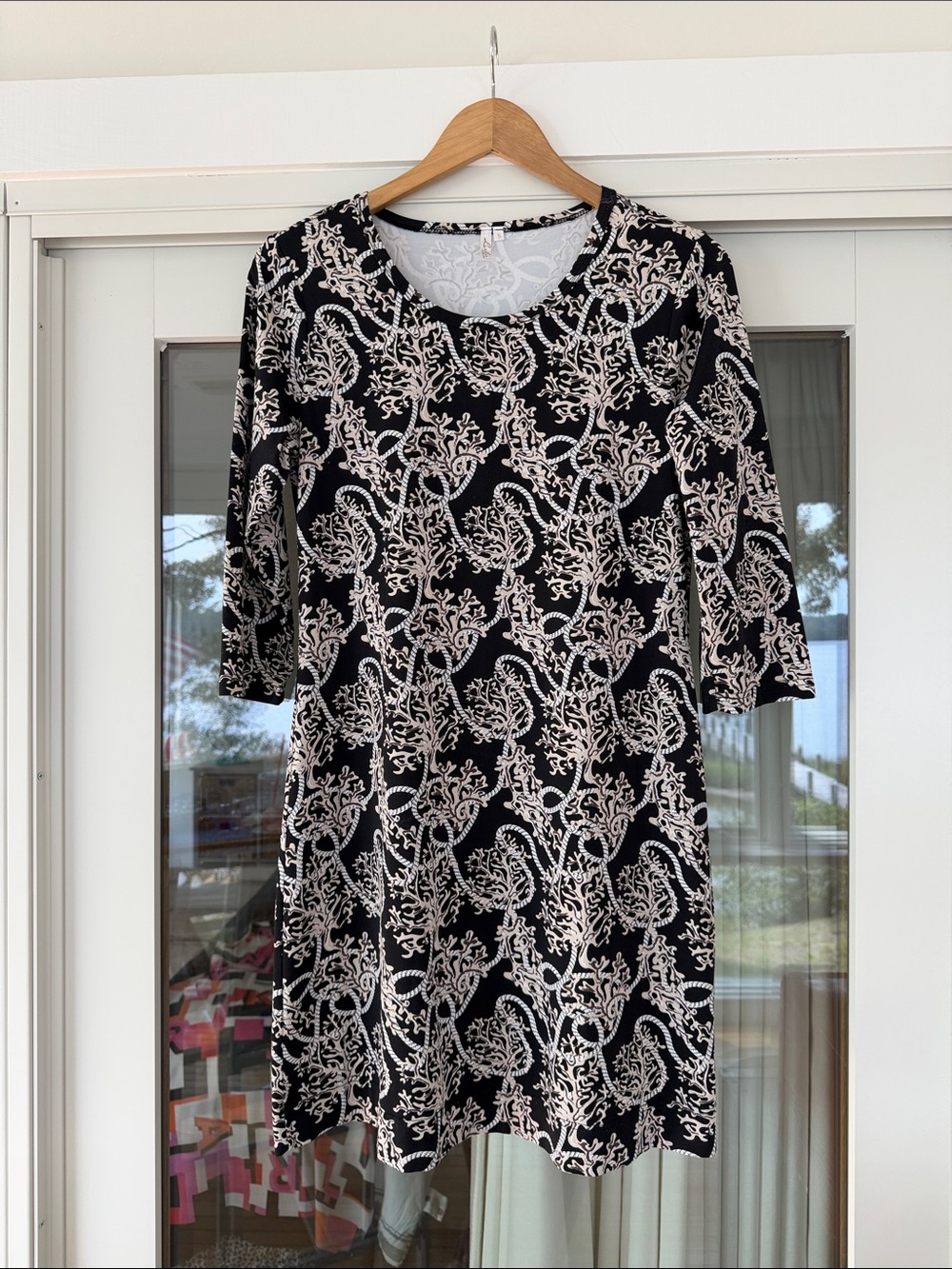Lulu-B Black Dress with Cream Floral Pattern, Long Sleeve